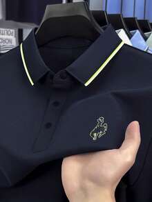 Men's Summer Business Casual Golf Fashionable Versatile Contrast Color Polo Shirt, Short Sleeve T-Shirt - Navy Blue - View 3