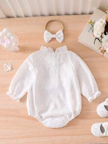 Gentle & Versatile! Baby Girls' White Textured Romper With Black Trim Floral Collar, White Polka Dot Pattern, Matching Hair Accessory, Breathable Soft Fabric For Spring/Autumn Everyday/Outdoor Wear - White - View 3