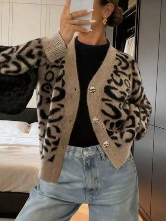 Freeform Autumn/Winter Women's Leopard Print Cardigan Sweater, Fashion Minimalist Business Casual Commute Elegant Resort Warm High-End Versatile Slimming Victory Day Ladies Cute Top Korean Style