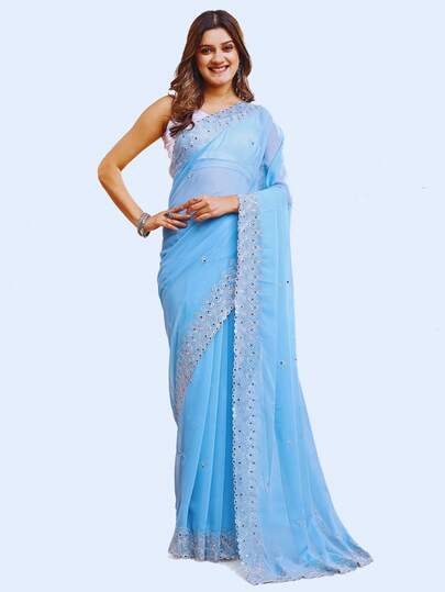 Estationeryhouse Women's Georgette Saree With Silver Mirror Embroidery Border Work And Blouse Piece(Sky Blue)