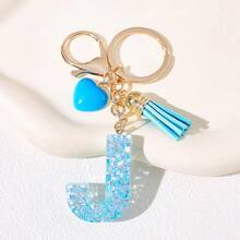 Blue Shiny Resin Letter Keychain With Tassel & Heart Charm, Fashionable Accessory, Ideal Gift For Friends, Bag Pendant Christmas - Multicolor - View 8