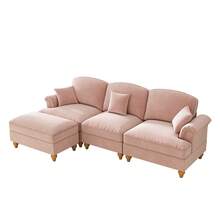 3-Seater Chenille Sofa With Funnel Armrests, Living Room Sofa With Movable Ottoman And Removable Ruffled Skirt, L-Shaped Modular Sofa For Living Rooms And Apartments - 粉色 - 查看 11