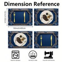 1/4pcs Blue Linen Placemat - 12*18 Inch, Geometric Border, Blue Floral Design | Suitable For Holiday Party, Home Kitchen Decoration - 12x18英寸 - 查看 3