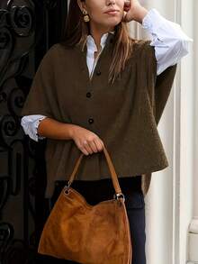 Cardigan tricoté élégant et décontracté pour femmes, de couleur unie, col rond, manches courtes, modèle croisé, style minimaliste chic pour le travail. Ample, tenue de rue pour femmes - Marron - Voir 4