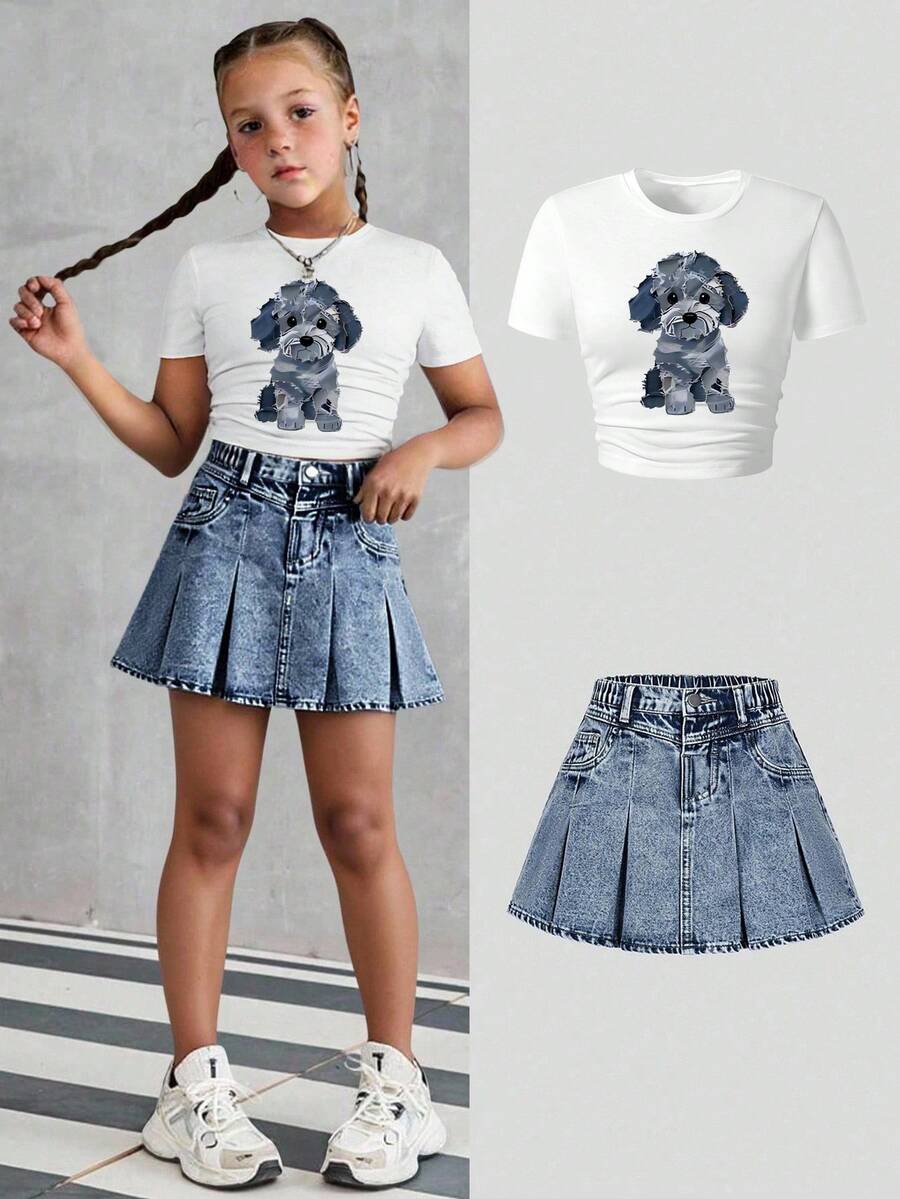 Youth Girl Cartoon Print Short Sleeve Top And Denim Mini Skirt - White - View 1
