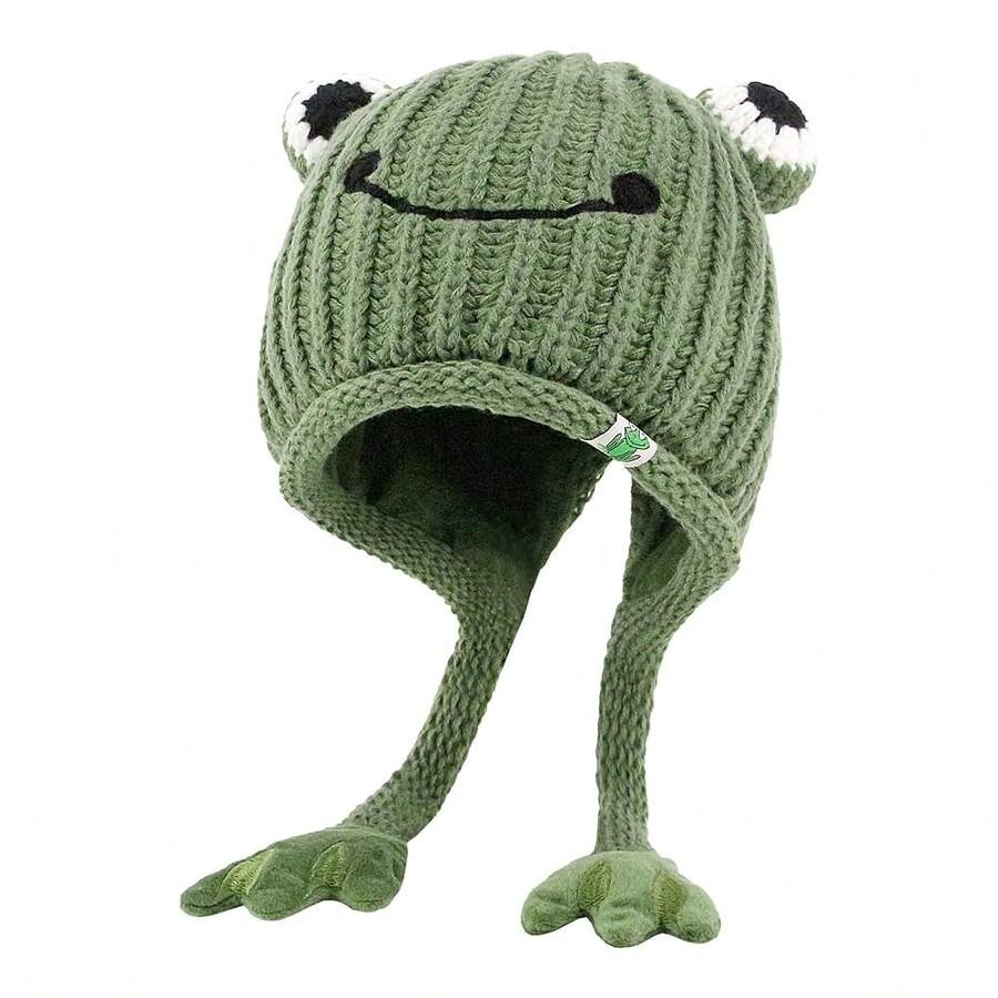 Haoohu Knitted Frog Headband Hat Cute Cartoon Crochet Frog Hat Beanie Hats For Cosplay Photo Props - Xanh đậm - Xem 1