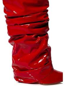 Women's Slouched Ruched Fold Over Boots - Patent Leather Covered Wedge Heel Wide Calf Pointed Toe Knee High Casual Boots - Burgundy - View 4