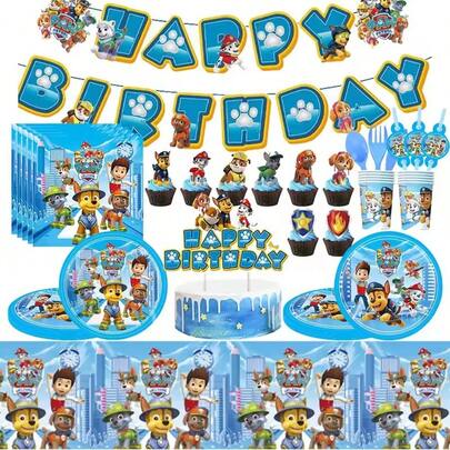 Paw Patrol Birthday Party Decoration Set, Includes Backdrop, Plates, Cupcake Toppers, Paw Patrol Stickers And Party Favors