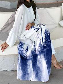 Elegant Women's Long Sleeve Drop Shoulder Kaftan Jalabiya Maxi Dress, Forest Print, Non-Stretch Woven Fabric - Blue - View 1