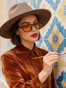 1pc Unisex Gray Square Retro Y2K Chic Minimalist Fashion Fashion Glasses, Suitable For Vacation - Transparent Gray-orange-yellow Sheet - View 5