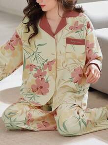 Bộ đồ ngủ nữ 2 món, áo khoác cardigan in hoa có cổ và tay dài, quần in hoa có túi, thoải mái và thời trang, phù hợp cho mùa xuân và mùa thu, lý tưởng để mặc ở nhà. - Hồng - Xem 7