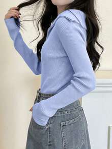 女士修身百搭拉链半领长袖针织毛衣 - 天蘭色 - 查看 11