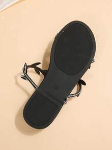 女士时尚水晶装饰平底凉鞋，适合约会、购物、聚会、通勤、度假和休闲居家穿着 - 黑色 - 查看 6