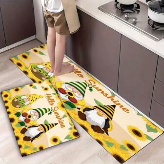 Hello Sunshine Sunflower Garden Gnomes Yellow Kitchen Mat - Tiled Floor Decorative Rug With Sunflowers & Gnomes - Whimsical Garden Themed Kitchen Rug For Dining Area, Breakfast Nook, Home Decor