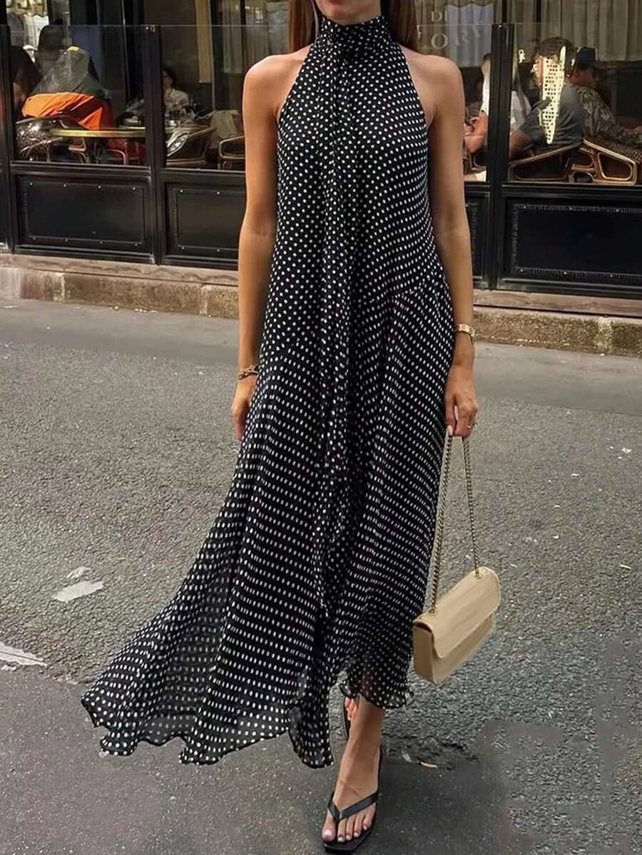 女款優雅度假波點長洋裝，立領繫腰無袖不對稱下擺，波點性感梭織面料不對稱繫帶復古海灘度假休閒約會春/夏黑色，法式女孩風 - 黑色 - 查看 1