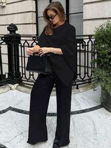 时尚纯色罗纹披肩，日常百搭，秋冬季 - 黑色 - 查看 2