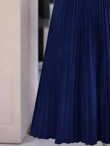 Vestido plisado elegante de mujer con cierre de botón en la cintura, vestido estilo camisa de manga corta (sin cinturón), primavera - Azul Marino - Ver 6