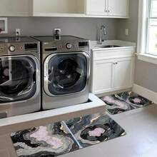 Kitchen Area Decorative Mats With Marbled Pattern - Black Gray Light Pink Gold Blue-Green Accent, Non-Slip For Kitchen Floor, Washable Rectangular Mats - Perfect For Modern Kitchen With White Cab - White - View 6