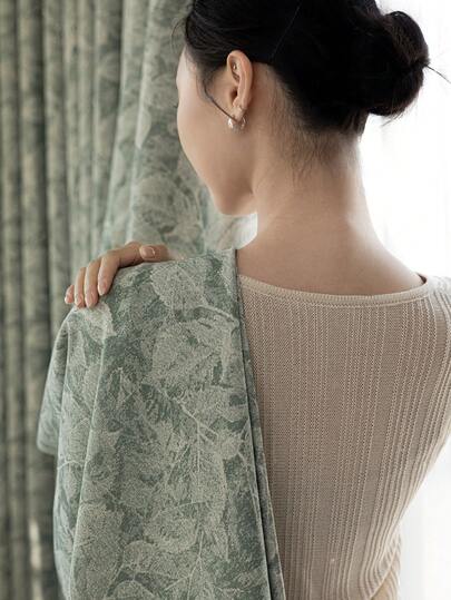 1pc French Jacquard Leaf Print Blackout Curtain, High-End Luxurious Retro Window Curtain Decor For Bedroom And Living Room