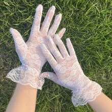 1 Pair Women's Gothic Lace Gloves - Rose & Ruffle Trim Design | Elegant Long Gloves For Halloween & Parties - 白色 - 查看 1