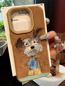 1个卡其色绒面革毛绒小狗图案极简复古风格手机壳，兼容 16/15/14/13/12/11系列 - 卡其色 - 查看 1