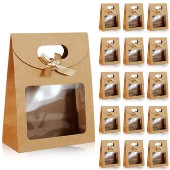 A Set Of 10 Elegant Kraft Paper Gift Bags With Clear Windows And Brown Cardboard Backing - Stand-Up Design Perfect For Holiday Party Wrapping, Birthdays, Weddings, Corporate Events - Easy To Open And Ideal For Gift Wrapping.