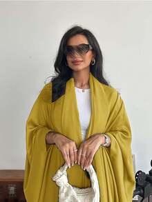 Conjunto de túnica holgada de color liso con mangas de murciélago y pañuelo de estilo árabe, atuendo primaveral y otoñal - Amarillo Mostaza - Ver 5