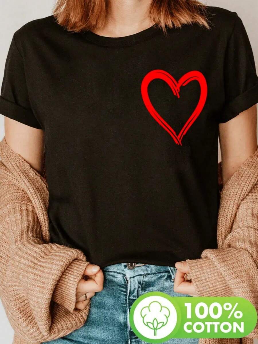 Womens 100 Valentines Day T Shirt Red Heart Print Short Sleeve Round N-2 (2) - 黑色 - 查看 1