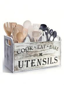 Barattolo portaposate bianco/nero per piani di lavoro in cucina, portaposate in stile country con 3 scomparti, organizer in legno per posate in stile fattoria, scatola di stoccaggio in legno per posate, forchette, cucchiai e spatole - Multicolore - Visualizzare 4
