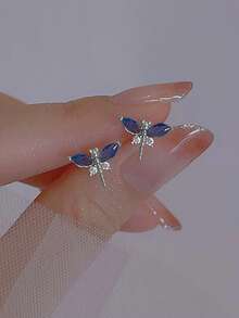 1 Pair Elegant Cubic Zirconia Dragonfly Stud Earrings, Sophisticated Design Suitable For Daily, Casual And Party Wear