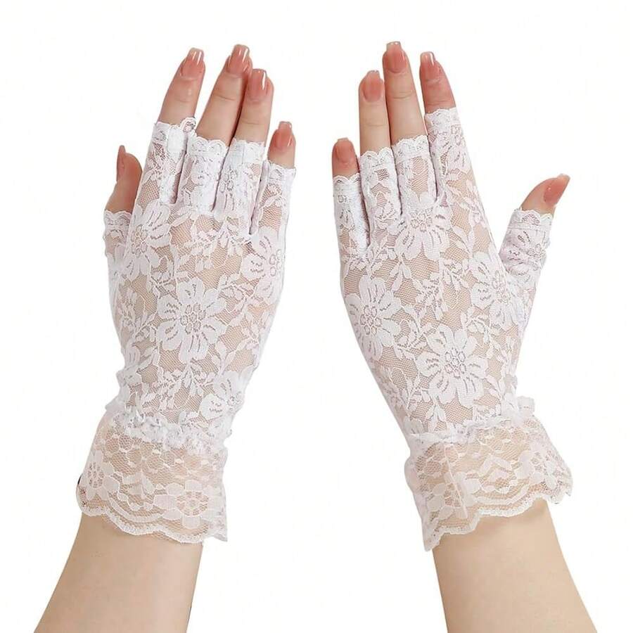 Mrotrida Women's Punk Fingerless Glove Cosplay Ripped Gloves For Halloween Costume Party 1Pair,WhiteLace-3 - WhiteLace-3 - 查看 1