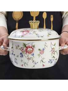 1pc Enamel Ceramic Pot, Dual-Ear Soup Pot, Stew Pot With Lid, Non-Stick Pot, Suitable For Gas And Induction Cooktop, Thickened Enamel Ceramic Soup Pot, Dual-Ear Enamel Ceramic Pot, Household Pot, Stew Pot, Flat Bottom Pot, Ramen Pot