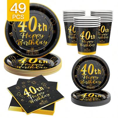 40th Birthday Black & Gold Disposable Plate, Napkin, Cup Set, Serves 8 Guests, Suitable For Birthday, Wedding, Party, Family Picnic