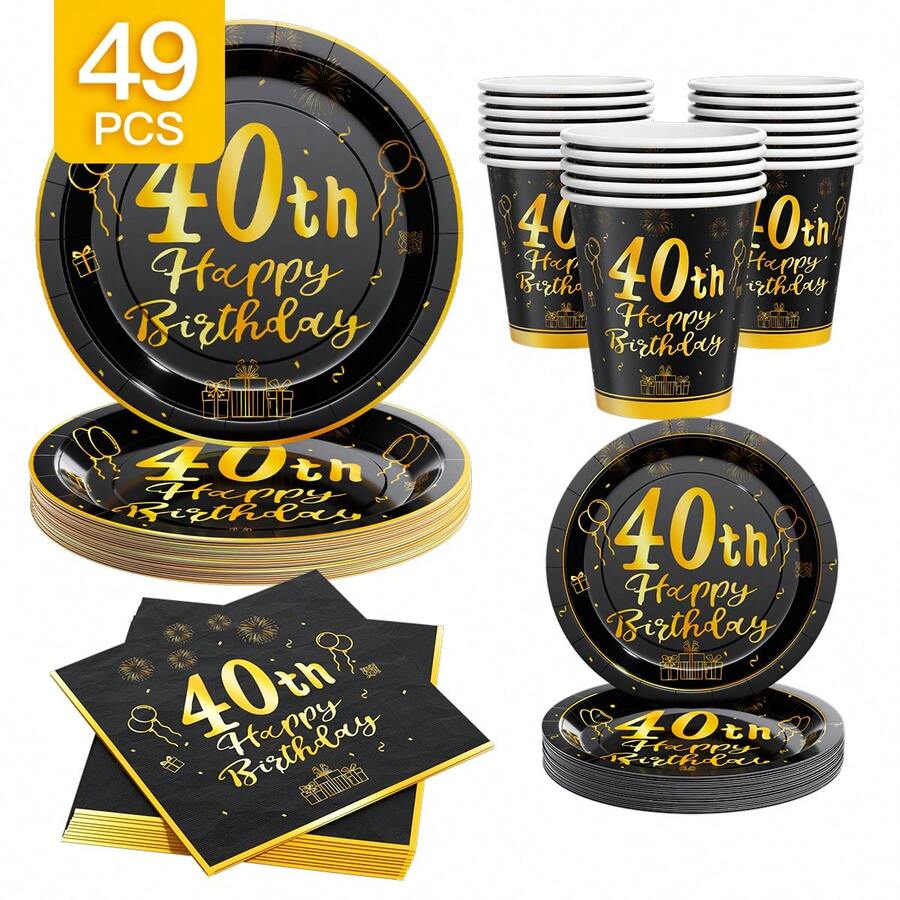 40th Birthday Black & Gold Disposable Plate, Napkin, Cup Set, Serves 8 Guests, Suitable For Birthday, Wedding, Party, Family Picnic - Multicolor - View 1