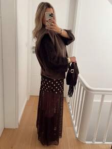 Women Satin Lace Trim Midi Skirt Polka Dot Print High Waist Long A-Line Skirts Vintage Silk Going Out Dress Y2k Streetwear Party Clubwear - 蕾絲拼布咖啡 - 查看 3