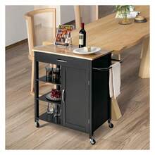 Kitchen Island With Storage, Rolling Cart With Towel Rack & Drawers, 3-Tier Shelves, Rubber Wood Top, 34.5 X 18.5 X 36.5 Inches Black - 如圖43 - 查看 2