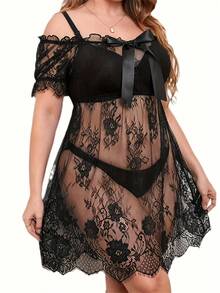 Large Size Lace Pajamas, Large Size Girls' Hot Girl Style  Nightdress, Y And Sultry, Full Of Private Atmosphere In The Home Bedroom, Exquisite Lace + Bow Off-The-Shoulder Design, Excellent Texture Bow Suspender Skirt - màu đen - Xem 3