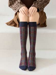 1pair Plaid Long Socks Women Stockings Women Harajuku Retro Vintage Stocking Women Stockings College Style Knee Socks - Multicolor - View 4