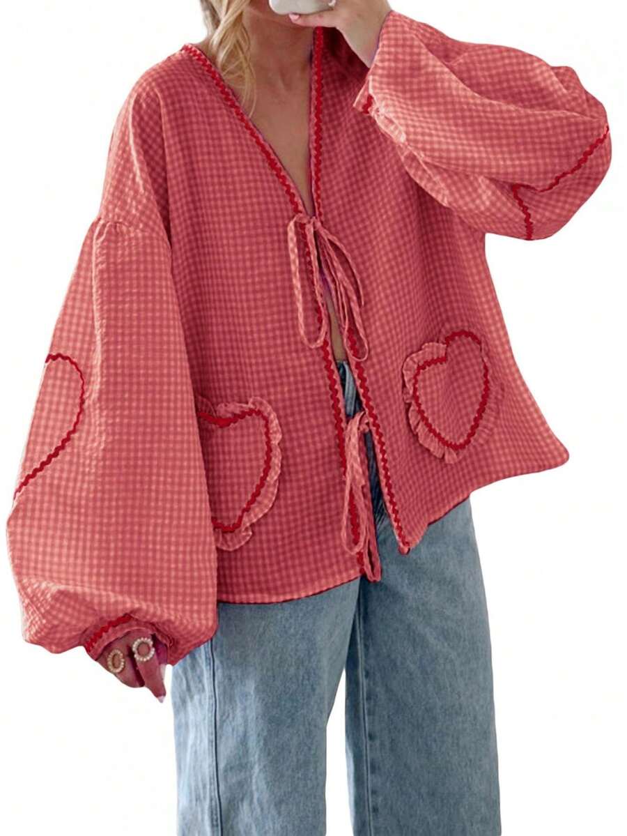 Women Long Sleeve Shirts Heart Embroidery Plaid Front Bowknot Tie-Up Blouses Fashion Spring Summer Casual Tops - 紅色 - 查看 1