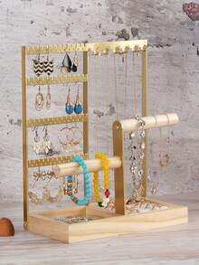 1个首饰收纳盒，4层耳环架，带48个孔，6个挂钩项链收纳架，木质手镯戒指盒，母亲节礼物，时尚宿舍装饰，情人节礼物，房间装饰 - 彩色 - 查看 2