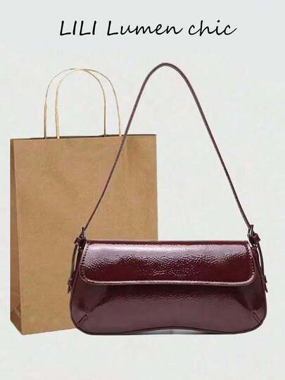 New Retro Small-Scale Flip Vintage Underarm Bag, Stylish And Simple, Baguette Handbag With Single Shoulder Strap, Plain-Colour PU Material, Glossy Finish, Features Strong Magnetic Closure, Top Single Handle With Adjustable Design, Pebble Texture, Interior Suitable For Storing Lipstick, Keys, Cosmetics And Other Everyday Items, Ideal For Women For Commuting, Going Out Shopping, Dating And Other Daily Occasions