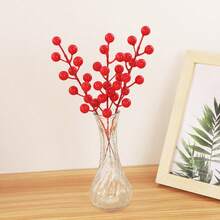 12 Head Single Fork Red Fruit Simulation Pine Needle Simulation Plant Fake Pine Branch Christmas Wedding Decoration Red Fruit Christmas Decoration - 紅色 - 查看 6