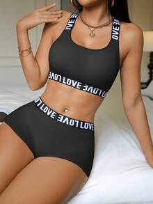 Letter Print Women Wireless Gather Bra, Comfortable Breathable Hipster Panty, Fashion Versatile Bra And Panty Set - Black - View 4