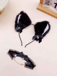 2pcs Women Mesh Furry Ear Headband, Bow Tie Collar Bell Roleplay Costume Accessories, Halloween, Party Cosplay Prop Headband, Bunny Ears, Bow Tie Collar Set - màu đen - Xem 4