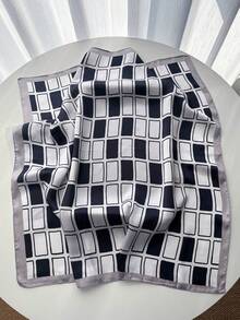 1pc Luxury Brand Leopard Print Scarf, Women's Faux Silk Neckerchief, Casual Versatile Decorative Small Scarf - Black and White Plaid - View 2