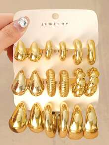6/18pcs Thick Solid Gold Hoop Earrings Set, Suitable For Daily Wear, Best Gift For Girlfriends, Friends And Family, Fashionable And Elegant, Can Match Different Outfits. This Product Uses Non-Fading UV Gold Plating, Low Allergy, Thick Gold Earrings, Fashionable And Elegant, Suitable For Daily Gatherings And Parties. The Best Gift For Girlfriends And Mothers. - Yellow Gold - View 6
