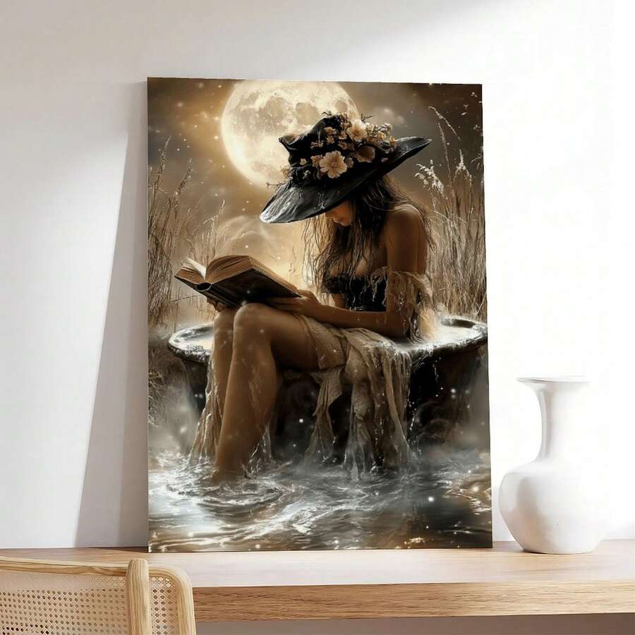 1 Pieza de Pintura Decorativa enmarcada [2D Plana] Bruja Gótica Bajo la Luz de la Luna Arte de Pared en Lienzo - Elegante Bruja con Sombrero de Flores - Decoración de Marco Listo para Colgar, Adecuado para Sala de Estar, Oficina, Cumpleaños, Día de la Madre, Halloween - Regalo de Decoración de Hogar Sospechoso, Adecuado para Mujeres, Mamás, Amantes de los Libros - Decoración de Bruja Clásica Moderna, Obra de Arte Misteriosa, Ilustraciones Detalladas, Regalo para Amantes de los Libros Listo para Colgar sin Instalación - perfecto para cualquier habitación. Elija entreúltiples tamaños para añadir un toque alegre a su sala de estar, dormitorio, baño, estudio, pasillo o oficina. - Multicolor - Ver 1