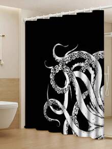 Elegant Octopus Design Bathroom Set: Includes 12 Free Hooks, Shower Curtain, Bath Mat And Toilet Seat Cover - Ideal For Walk-In Shower - Multicolor - View 5
