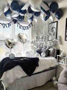 30-57pcs Navy Blue & Silver Birthday Balloon Set - Happy Birthday Banner + Foil Heart Balloons + Thick Latex Balloons, Perfect For Men's Birthday Decor, Couple's Bedroom, Hotel Midnight Birthday Party Decoration - Multicolor - View 4