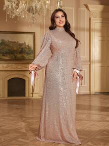 XUIBOL 大码亮片高领舒适连衣裙，适合各种身材，圆领长袖修身鱼尾裙摆独特设计，纯色优雅奢华长款连衣裙，适合各种派对、毕业典礼、婚礼、活动、宴会和舞会，女士正式舞会礼服，舞会礼服，新娘母亲伴娘礼服（2025时尚款），黑色晚宴婚礼宾客礼服，晚礼服 - 香檳色 - 查看 7